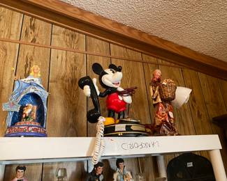 Jim Shore Disney “Dreams come True” music box (no wings)., Mickey Mouse telephone, and paper mache figurine 