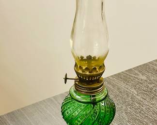 Vintage green glass miniature oil lamp