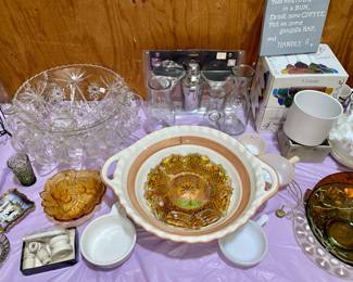 Cut Glass Punch Bowl Set, Carnival Glass, Pink Depression Glass