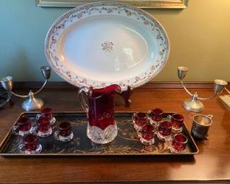 Ruby Flash Cut Glass Pitcher & Cordials