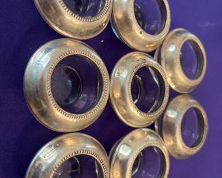 Set of 8 FrankWhiting sterling and glass salt cellars