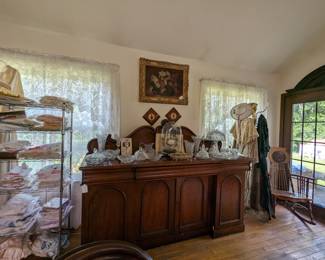 1860's English mahogany sideboard.  Selection of cut glass.  Carved emu egg under glass dome.