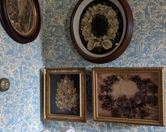 Top - Wax wedding wreath in shadow box.  Left - 19th century wax wedding bouquet in shadow box.  Right - Large, intricate hair wreath in shadow box.