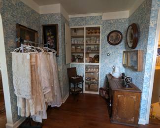 Large selection of European lace draperies.  Franklin sewing machine in nice oak cabinet.