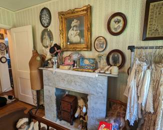 Selection of pictures and salesman's sample/child's mahogany and ebonized chest.  