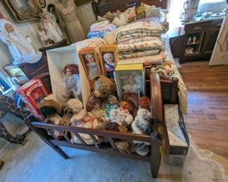 Victorian walnut rib with vintage dolls and bears.  