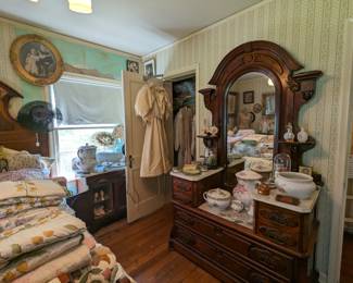 Victorian walnut step down dresser, chamber pots, perfumes.