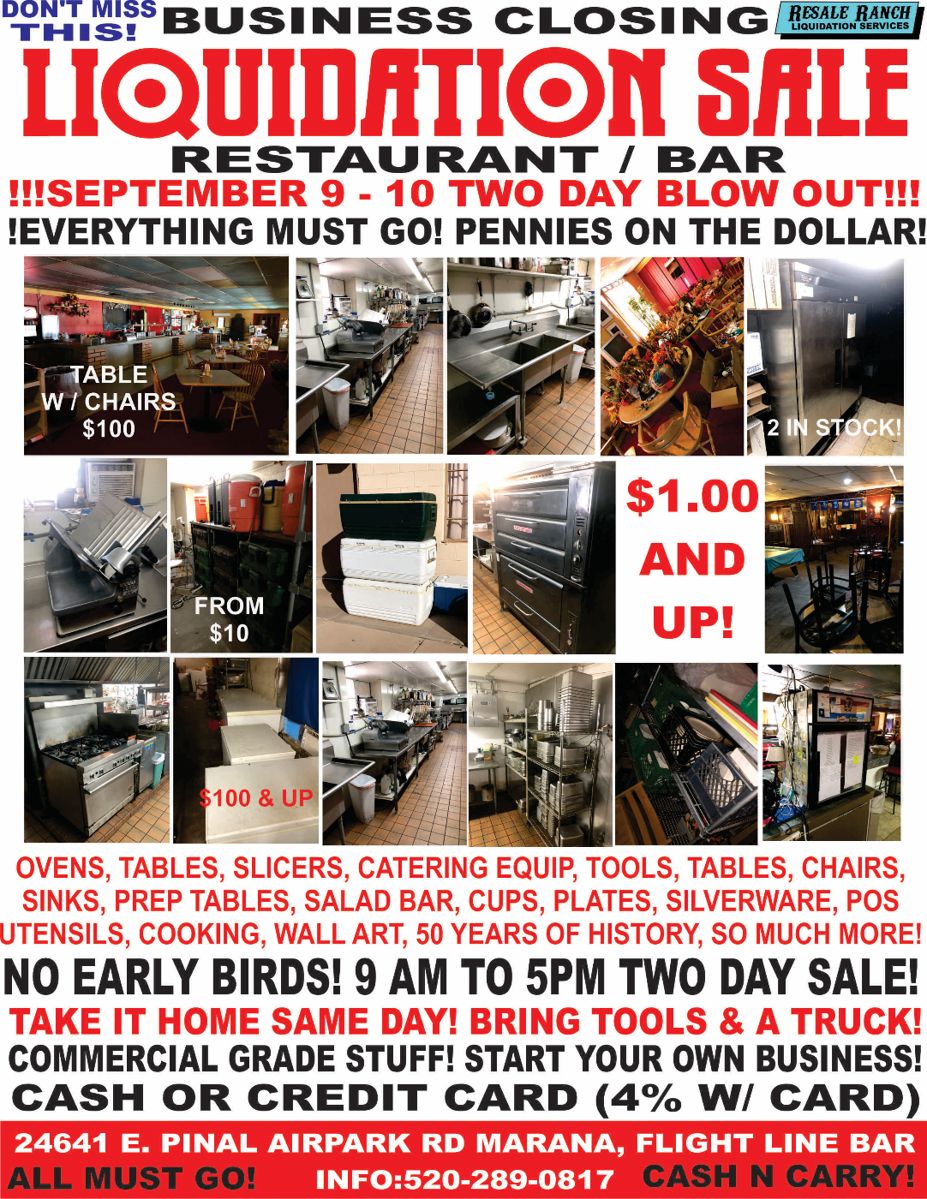 Flight Line Bar Liquidation Sale in Marana, AZ starts on 9/9/2023