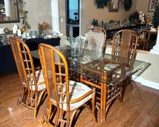 Glass top rattan dining table with 6 chairs