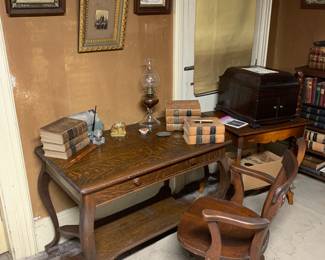 Library 
Library table-Larkin?
Oak office chair
Beautiful frames 
Oil lamp
Early books-
