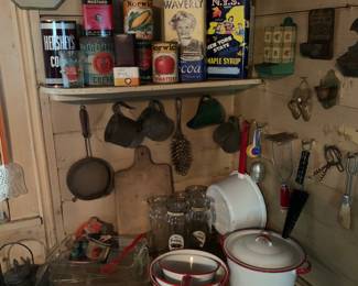 Kitchen 
Advertising tins
Enamelware 
Pyrex 
Match safes