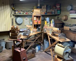 Pantry 
Butter churns
Cheese boxes
Crates
Advertising jars/tins/boxes