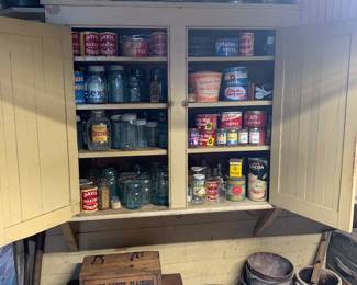 Pantry 
Advertising tins
Canning jars
Wooden advertising boxes
