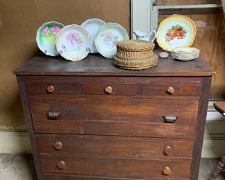 Living Room 
Early dresser
Painted floral bowls & plates 
Sewing baskets