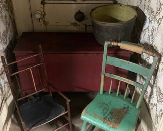 Hallway 
Painted red trunk
Brass pail
Child’s rocker
Green rocker