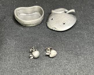 Pewter Apple Box Pin and Earrings