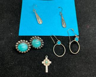 Sterling & Turquoise Ear Rings & Cross Pendant