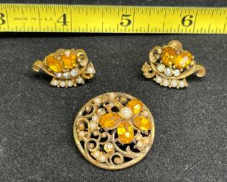 Vintage Faux Topaz & Seed Pearl Brooch & Ear Rings