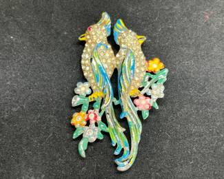 VTG Coro Silver Enameled Calopsitta Birds Brooch