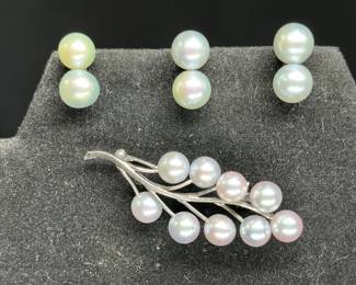 Genuine Pearl & Sterling Brooch & Ear Ring Set