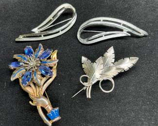 4 Vintage Silver Metal Brooches