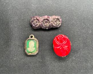 Vintage Bakelite Brooch, Cameo & Cinnabar Pendants