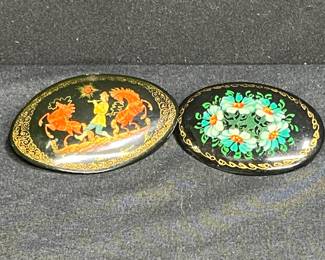 2 Hand Painted Russian Lacquer Brooches