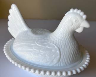 Milk glass chicken covered dish