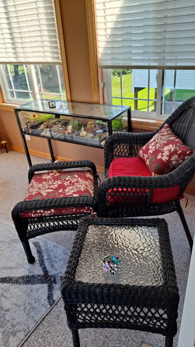 Black Wicker Chair; Side Table with Glass Top; Footstool; and Console Terrarium that Opens on Top.