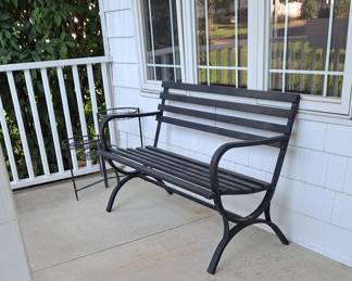 Black Metal Bench; and Metal Plant Stands.
