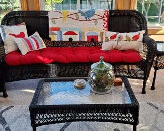 Black Wicker Furniture with Red Cushion; Coffee Table with Black Top; Lovely Bird Lap Top Quilt and Decorative Pillows; Hanging Stained Glass; Table Top Terrarium and much more!