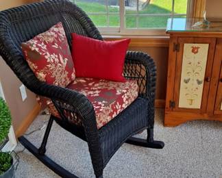 Black Wicker Rocker with Cushions and Pillows; Hand Painted Pine Cabinet with Doors; and much more!!