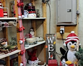 Assorted Christmas Decorations & Supplies; including Lots of Ornaments & Decor (Many Brand New); Oversized decor; Penguins; Welcome Signs; Holiday Dishes; Cookie Jars, and so much more!!