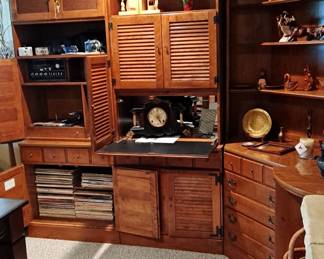 Ethan Allen Baumritter Heirloom Cabinetry Sets with Louvered Doors, Shelving and Drawers.