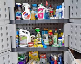 Large Rubbermaid Storage Cabinet; Storage Bins; and Loads of Cleaning Products.