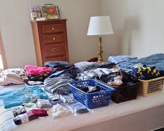 Broyhill Lingerie Chest; Lamp; Full Size Foundation (Detroit Mattress Co.) on Platform; and Assorted Women's Clothing and Accessories.