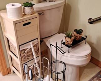 Bathroom Accessories; Toilet Paper Holders; Faux Plants; Small Cabinet with 2 Cloth-Lined Wicker Baskets