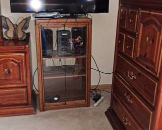 Media Cabinet with 3 Shelves and Glass Doors; Large TV (more info to follow); Broyhill Tall Boy / Armoire.