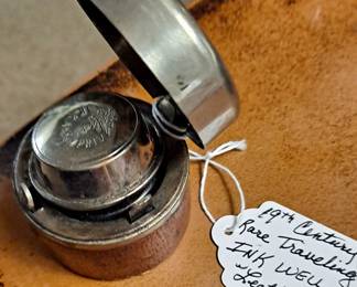 Rare 19th Century Traveling Ink Well with Glass with Leather Exterior. 