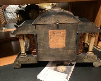 Back Side of Antique Sessions Mantel Clock #9104 with 4 Columns, Pendulum and Key.  