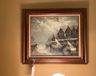 Mid Century Modern Retro Paint of Boats Dockside, painted by Bartolucci