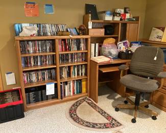 Wood Golden Oak Double Book Shelf Unit and Matching Computer Desk with Hutch and Keyboard Tray; Office Task Chair; Rugs; Lots of Office Supplies, DVD's, CDs, and Books.