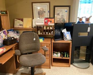 Golden Oak Wood Computer Desk with Hutch and Keyboard Tray; Lockable 2 Drawer File Cabinet; Printer / Storage Shelving Unit; Assorted Office Supplies; Task Chair; Modern Black Laminate & Glass Shelf TV Stand; Flat Screen TV; Golden Retriever w/Duck Framed Art; Bunny Collection and lots more!