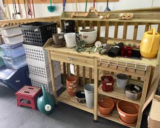 Newer Wood Potting Bench; Watering Cans; Loads of Ceramic, Plastic, Terra Cotta & Pottery Planters; Storage Boxes & Baskets; Step Stool.