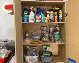 Storage Containers; Garden Books; Crafting Supplies; Rocks, Moss; Sand; Bug & Garden Product; Large Wood Cabinet