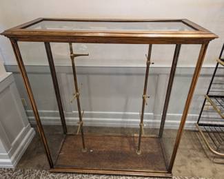 Glass Display Case w Wood Frame Brass Supports open back 56" h 52"s 22"d $375