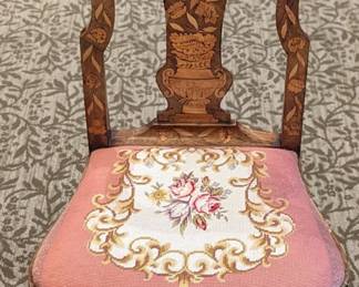 Embroidered Chair Needlepoint inlayed wood 44" tall     $200