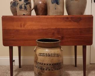 Awesome antique salt glazed crocks, primitive drop leaf table