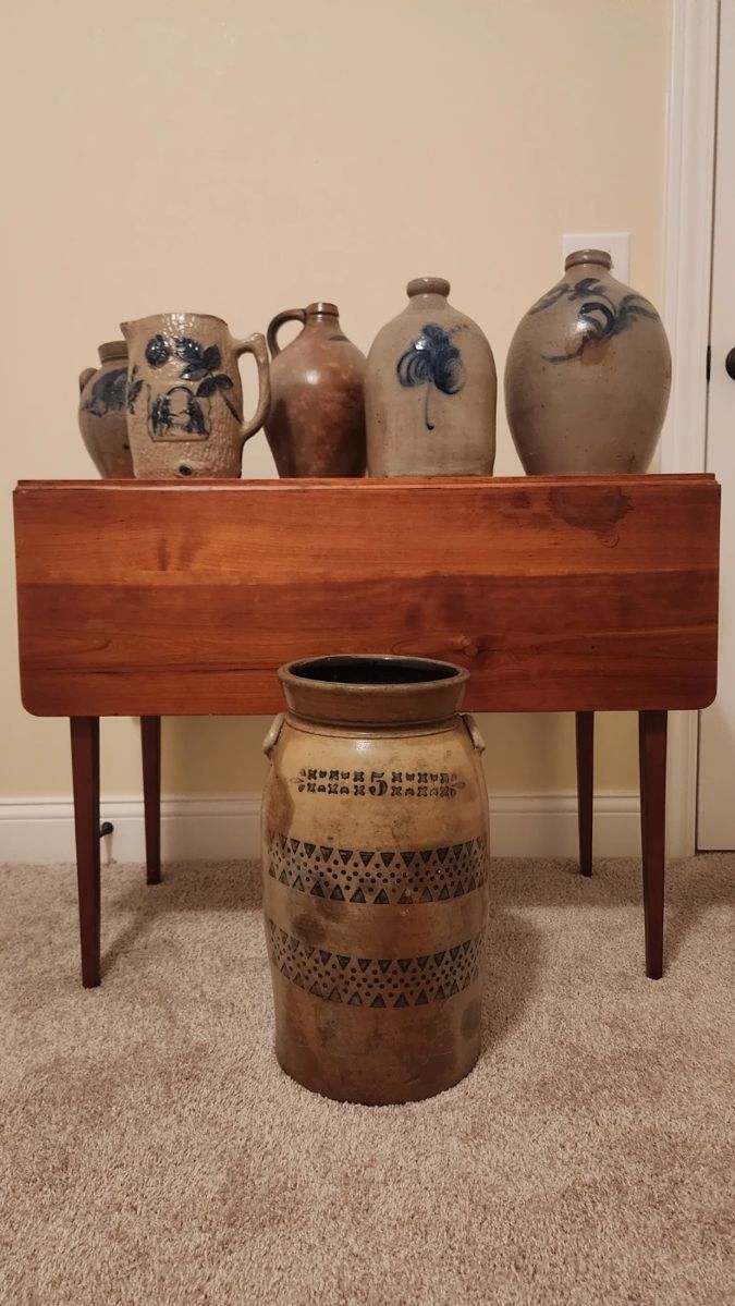 Awesome antique salt glazed crocks, primitive drop leaf table