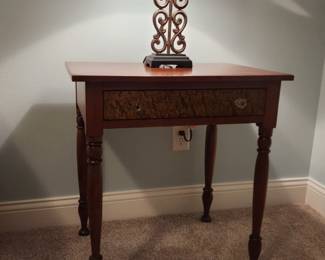 1830's side table with grain painted drawer, metal lamp